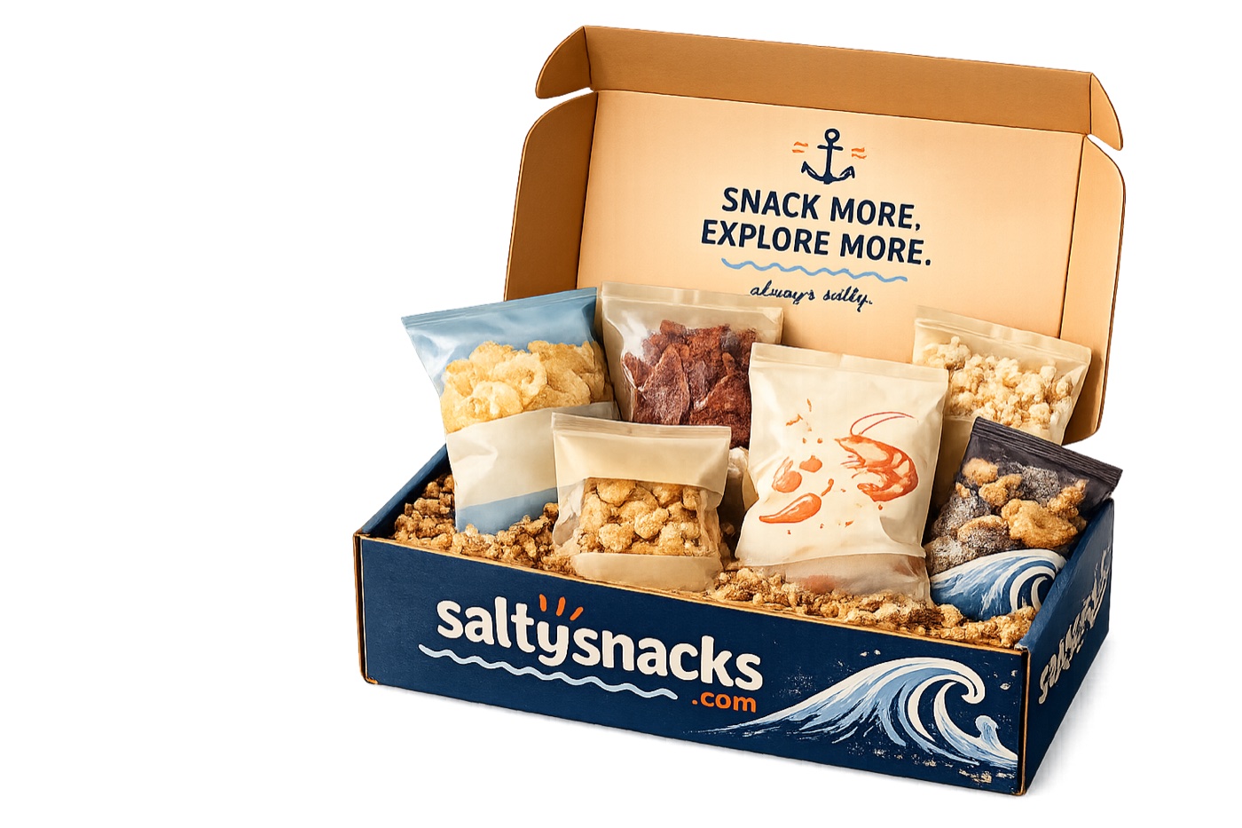 The Salty Snacks of the Month box, packed with snack bags