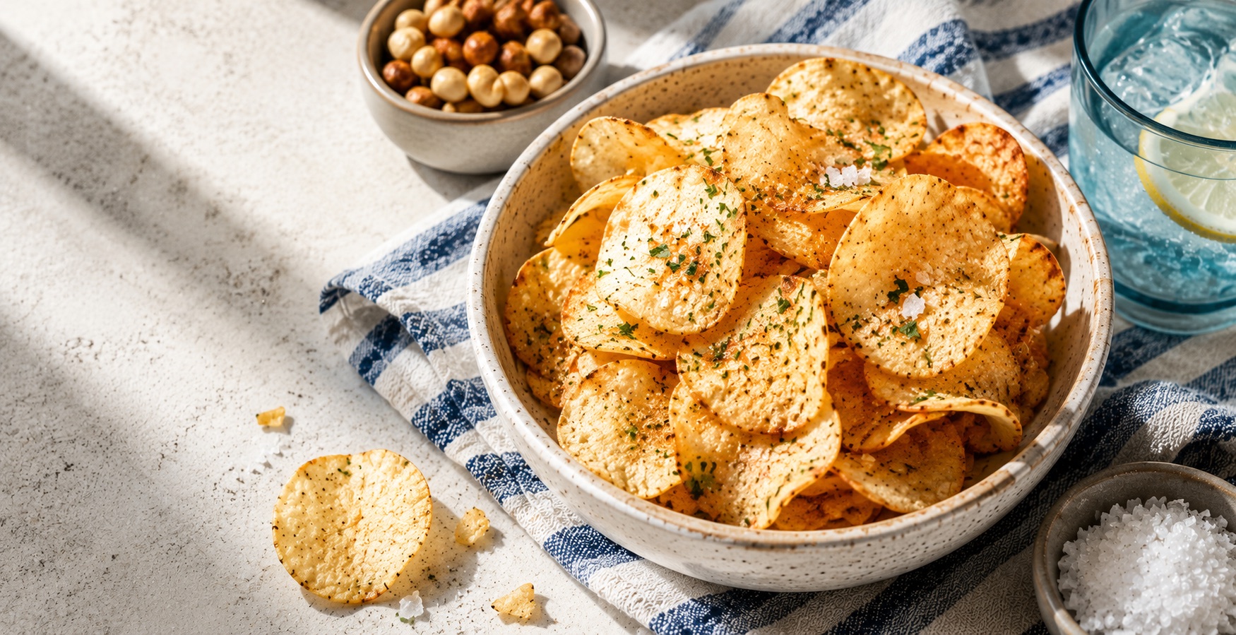A bowl of salted chips on a checked cloth